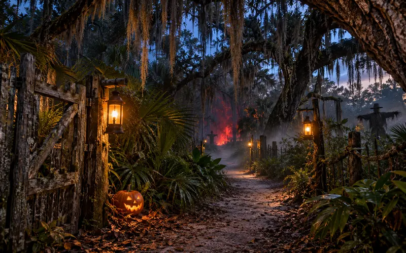 Foggy Florida haunted trail beneath trees covered in Spanish moss