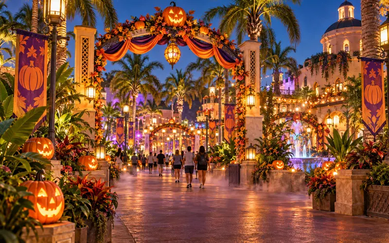 Brightly illuminated Florida theme park promenade decorated for Halloween