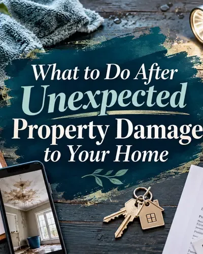 Home recovery essentials arranged with a decorative title for an article about unexpected property damage.