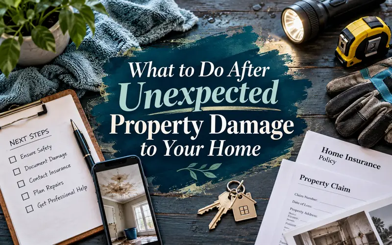 Home recovery essentials arranged with a decorative title for an article about unexpected property damage.