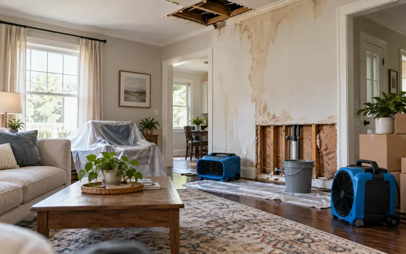 Residential room showing signs of property damage with drying equipment and repair materials.