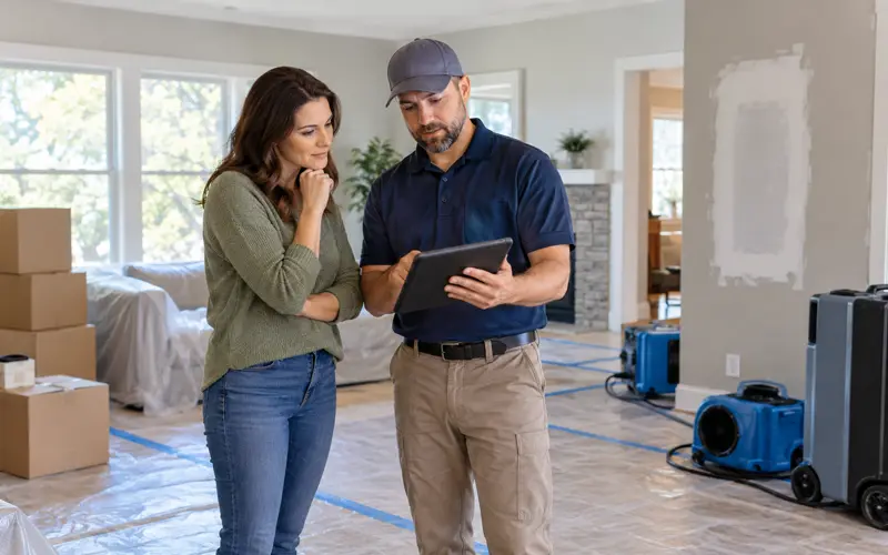 Homeowner reviewing repair plans with a professional inside a home undergoing restoration.