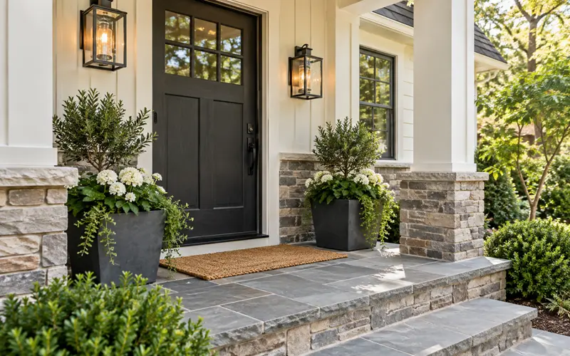 Updated front entry with outdoor lighting, landscaping, and durable walkway materials
