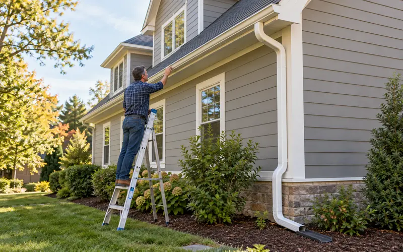 Homeowner inspecting gutters and drainage along the exterior of a house