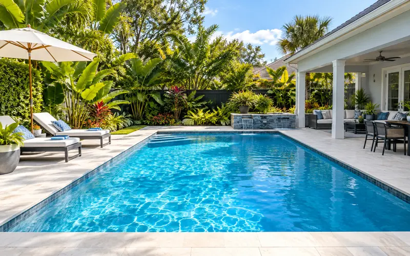 Bright backyard with a modern in-ground pool, lounge chairs, and tropical landscaping