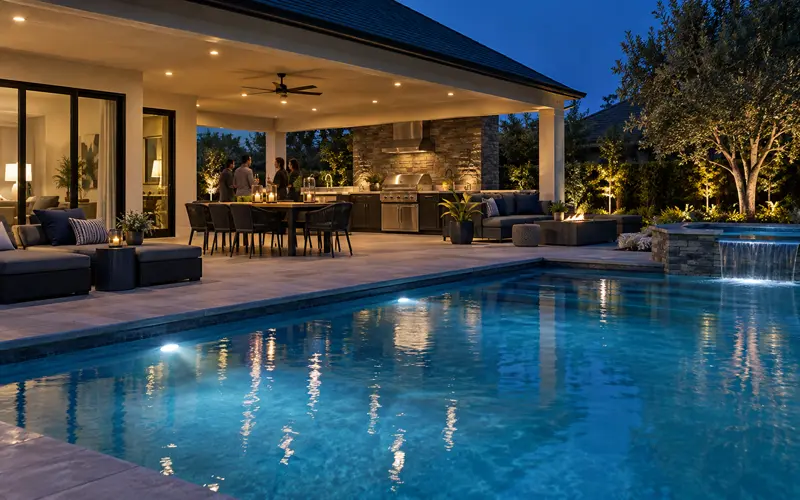 In-ground pool and outdoor entertaining area illuminated in the evening