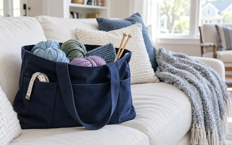 Knitting bag filled with colorful yarn, wooden knitting needles, and a knitted project.