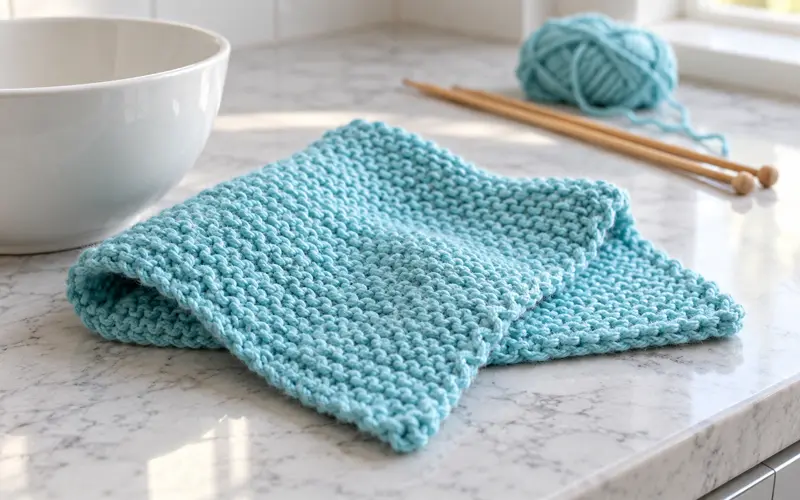 Simple blue knitted dishcloth with yarn and wooden knitting needles on a bright countertop.