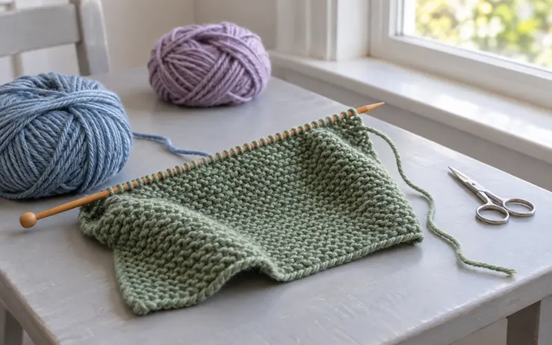 Beginner knitting project in sage green yarn with wooden needles on a bright table near a window.