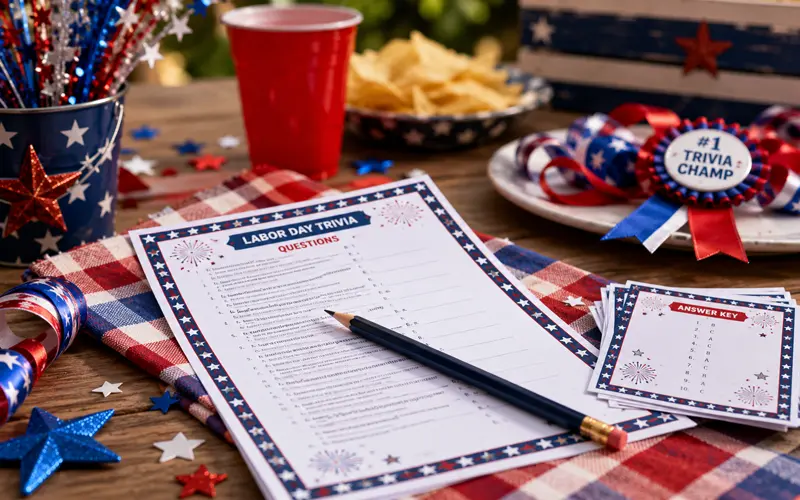 Labor Day trivia game set up on a festive red, white, and blue table with printable questions and answer cards.