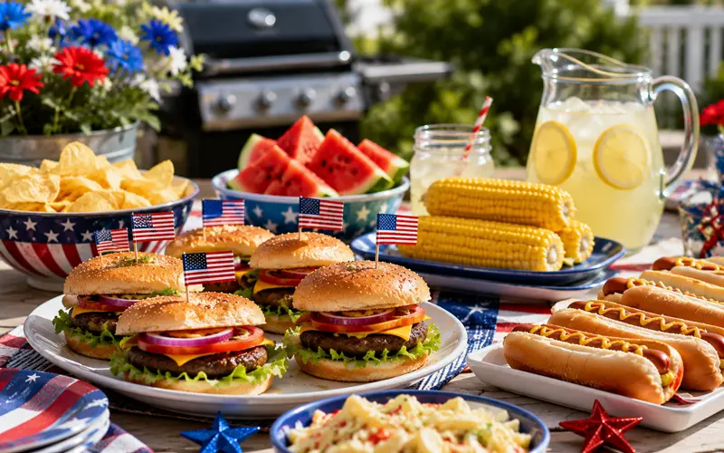 Labor Day cookout with hamburgers, hot dogs, corn, watermelon, chips, and lemonade on a patriotic table.