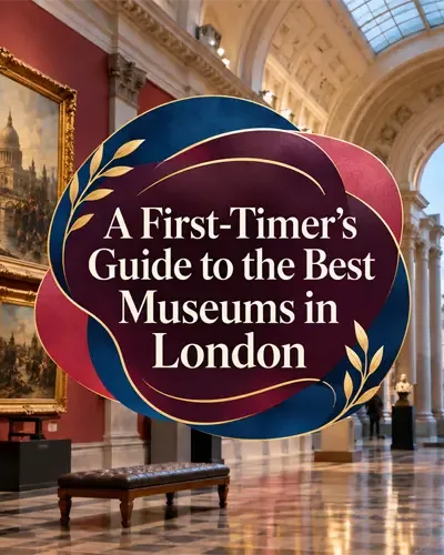 London museum gallery with the article title displayed over a curved graphic background