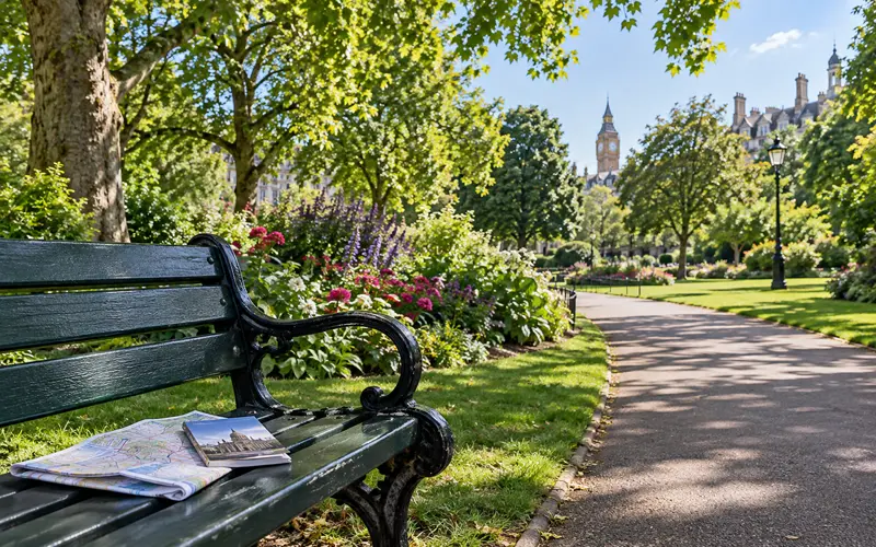 Peaceful London park with a bench, walking path, and museum guide