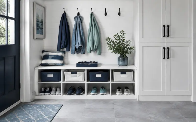 Organized home entryway with storage baskets, coat hooks, and a shoe rack