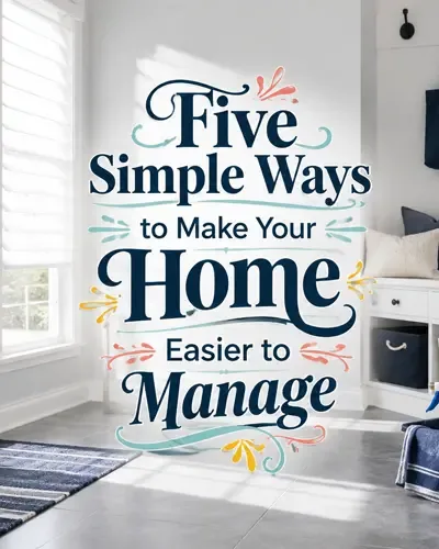 Bright coastal entryway with centered decorative lettering, navy storage baskets, and a cleaning caddy