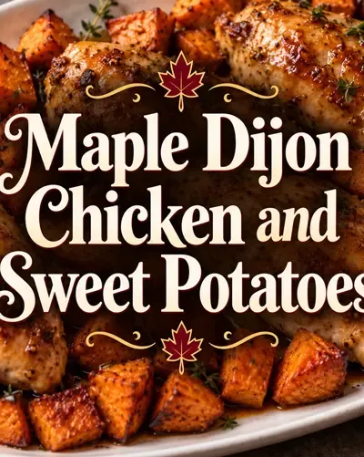 Maple Dijon chicken and sweet potatoes with a decorative recipe title