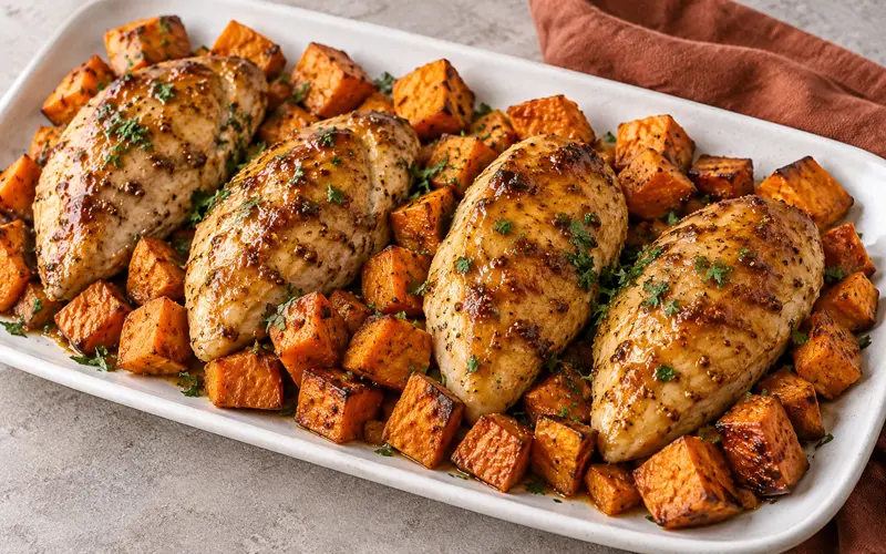 Maple Dijon chicken breasts served with tender roasted sweet potato cubes