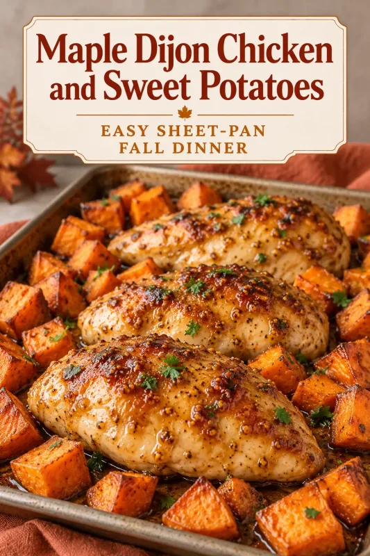 Maple Dijon chicken and sweet potatoes easy fall dinner graphic