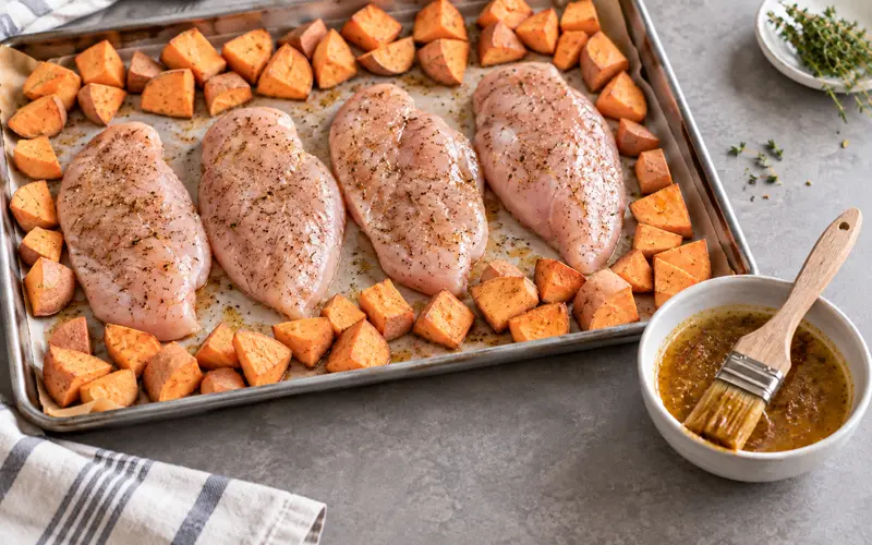 Chicken breasts and sweet potatoes prepared with maple Dijon glaze