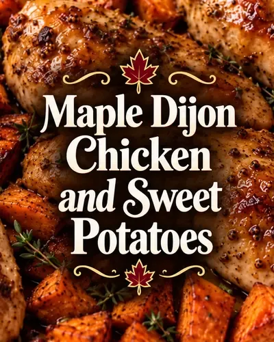 Maple Dijon chicken and sweet potatoes with a decorative recipe title