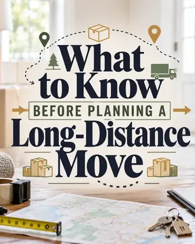 Styled moving-planning flat lay with boxes, keys, notebook, and the title What to Know Before Planning a Long-Distance Move