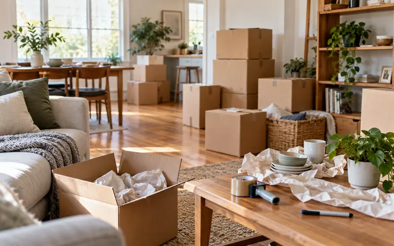 Neatly packed moving boxes and packing supplies in a bright home interior before a long-distance move