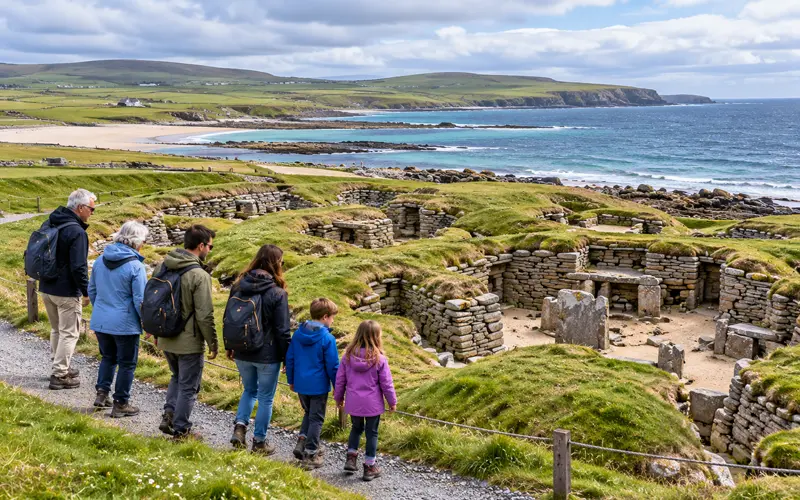 Multigenerational family exploring Skara Brae in the Orkney Islands