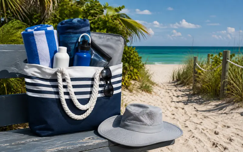 Organized beach bag packed with towels, sunscreen, water, sunglasses, and a waterproof pouch.