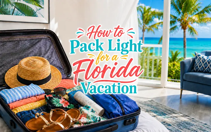 Florida vacation packing scene displaying the title How to Pack Light for a Florida Vacation.