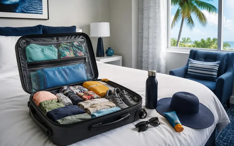 Open suitcase packed with lightweight clothing, sandals, sunscreen, sunglasses, and other Florida vacation essentials.