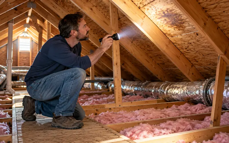 Homeowner using a flashlight to inspect an accessible attic for moisture problems