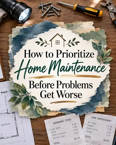 Home maintenance planning scene with decorative article title