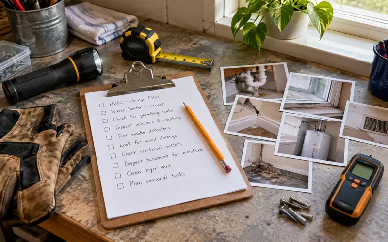Home maintenance checklist with tools and repair notes on a workbench