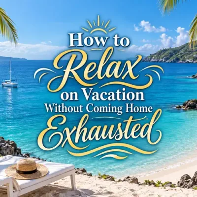 Tropical cove with a sailboat and decorative vacation relaxation title