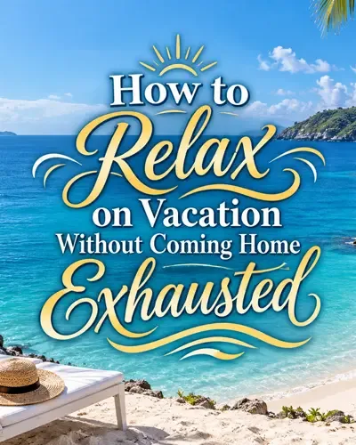 Tropical cove with a sailboat and decorative vacation relaxation title
