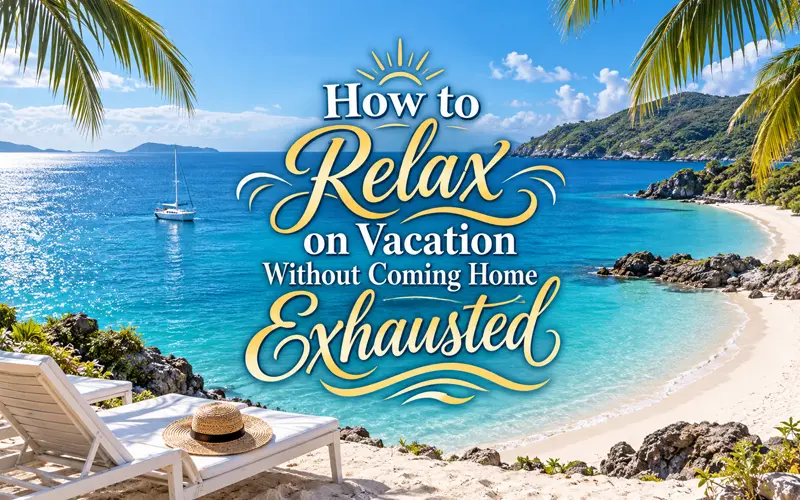 Tropical cove with a sailboat and decorative vacation relaxation title
