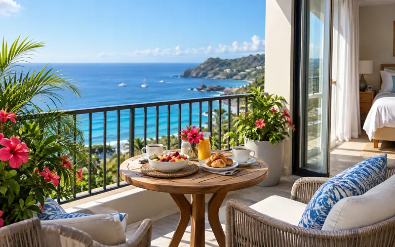 Peaceful coastal hotel balcony overlooking blue water on a sunny morning