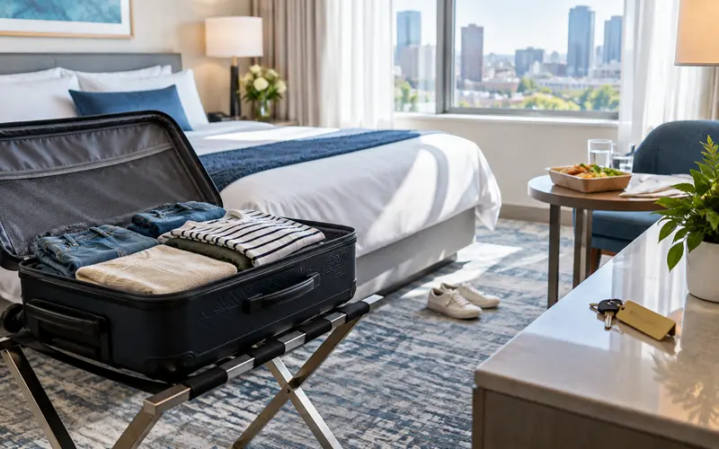 Organized hotel room with luggage unpacked after arrival