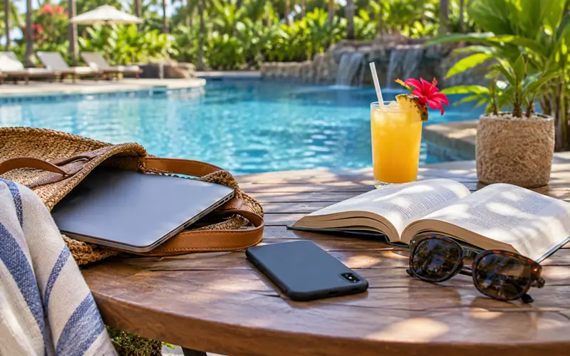 Closed laptop and phone set aside beside a vacation book and cold drink