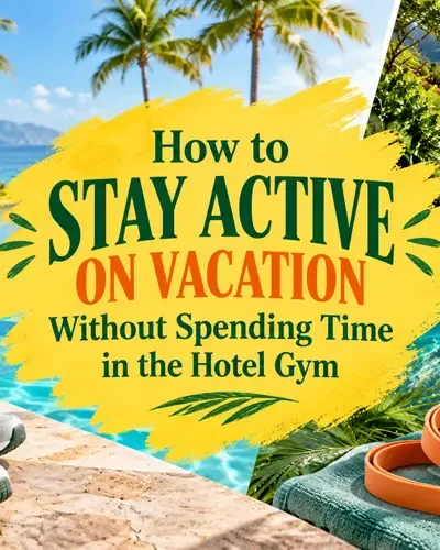 Resort vacation scene with walking shoes and resistance bands for staying active while traveling.
