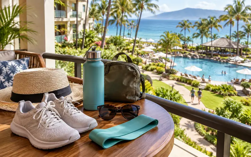 Vacation walking shoes, resistance bands, and swimming essentials at a tropical resort.