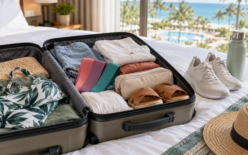 Resistance bands packed inside an open suitcase with vacation clothing and travel essentials.