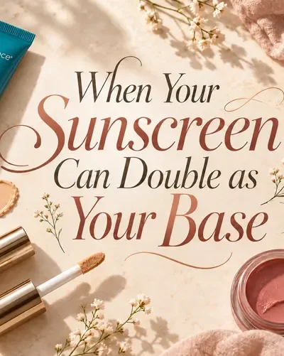 Tinted sunscreen and makeup products arranged on a bright vanity