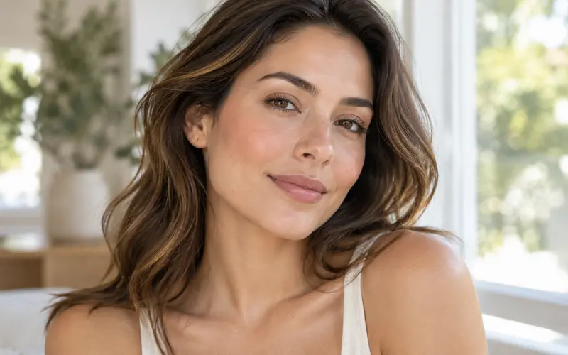 Woman with a fresh, natural complexion wearing tinted sunscreen as a lightweight makeup base