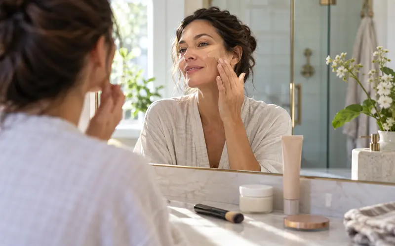 Woman applying tinted sunscreen to her face in natural bathroom light