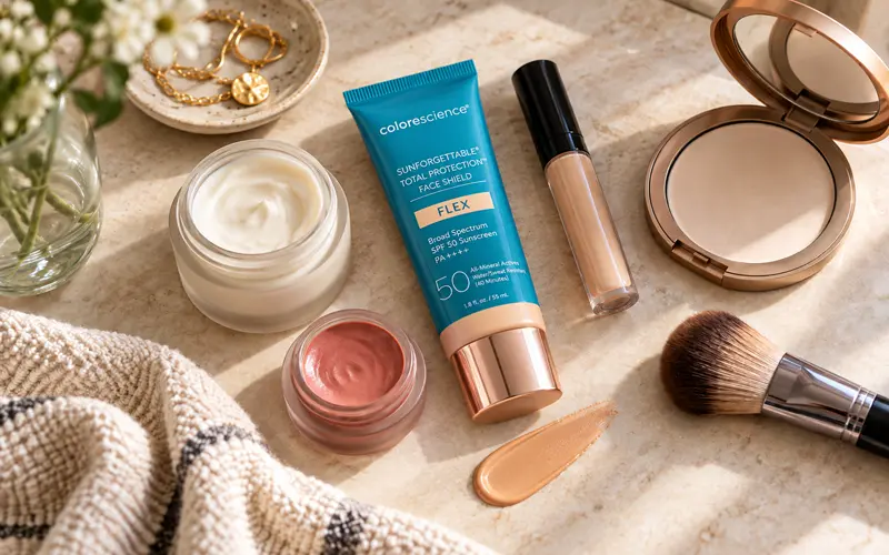 Colorescience tinted sunscreen with moisturizer, concealer, cream blush, powder, and makeup brush on a vanity